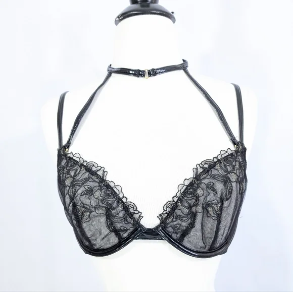 Victoria's Secret Very Sexy Demi Bra 34D New Sheer Low Cut Faux Leather Halter
